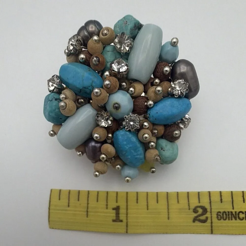Silver Tone Blue Oval Stone & Rhinestone Round Cluster Brooch Pin 1.75 in